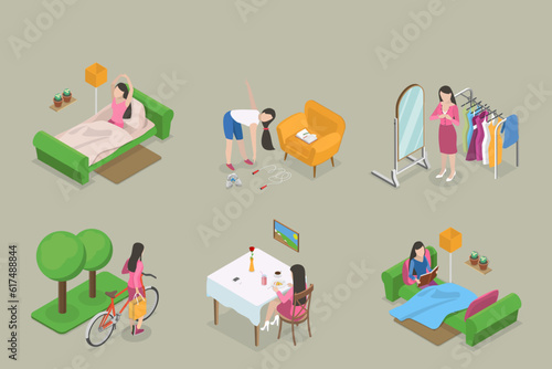 3D Isometric Flat Vector Conceptual Illustration of Habits and Ritual Items, Productive Morning Routine