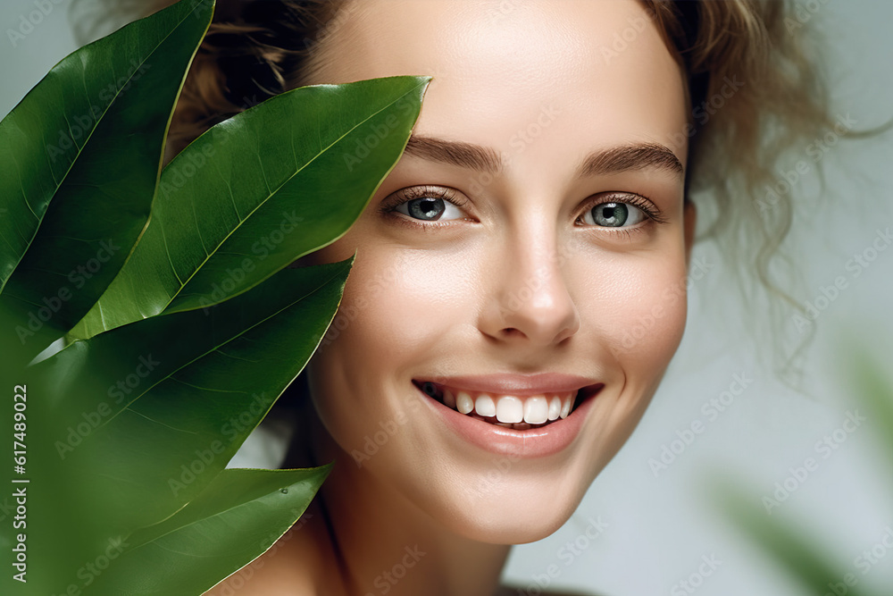 Portrait of a smiling woman with a green leaf made with generative AI Portrait of a smiling woman with a green leaf made with generative AI