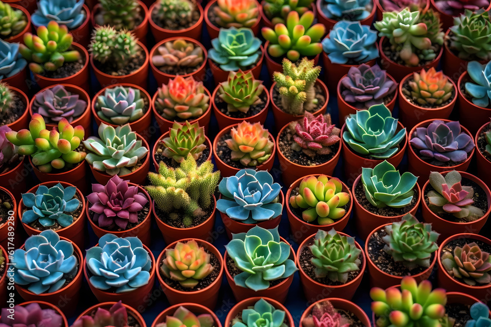 many succulents in small pots top view, generative ai