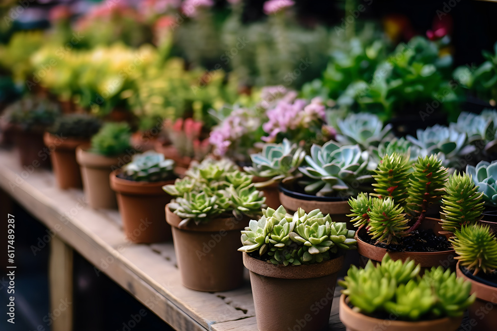 a lot of succulents in small pots on the counter of the store, cacti and succulents in pots for sale, a showcase with sprouts of succulents and cacti, generative ai a lot of succulents in small pots on the counter of the store, cacti and succulents in pots for sale, a showcase with sprouts of succulents and cacti, generative ai