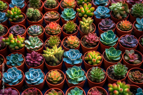 many succulents in small pots top view, generative ai