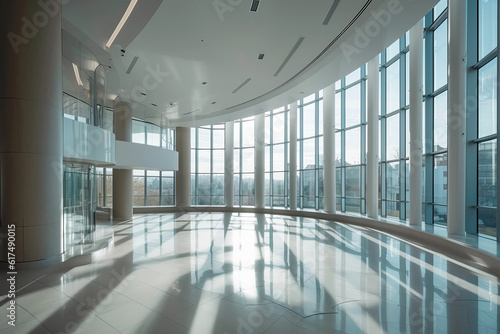 Empty hall building interior with tall panoramic windows. Generative AI illustration