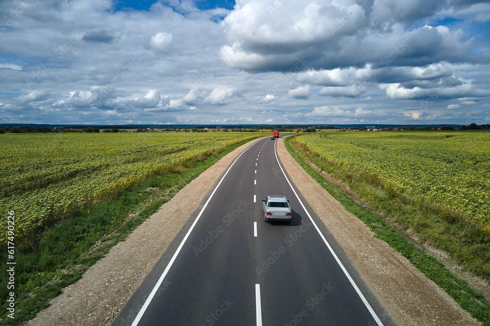 Aerial view of intercity road between green agricultural fields with fast driving car. Top view from drone of highway traffic