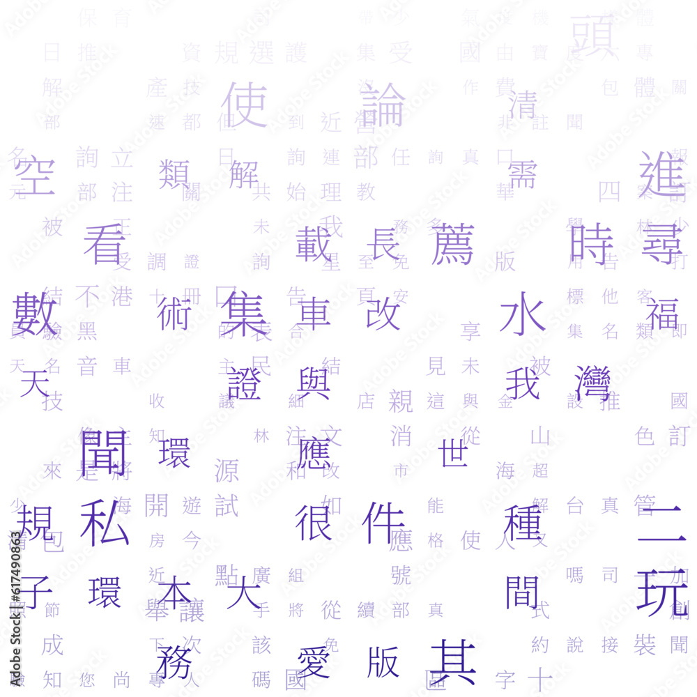 Obraz premium Abstract Matrix background. Random Characters of Chinese Simplified Alphabet (Hong Kong). Gradiented matrix pattern. Deep purple color theme backgrounds. Tileable horizontally.