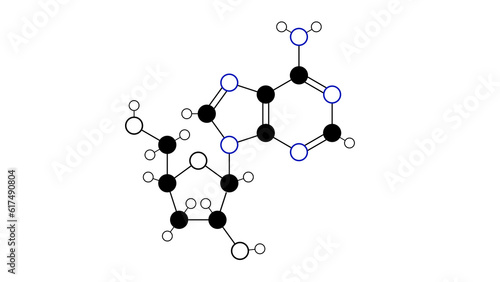 cordycepin molecule, structural chemical formula, ball-and-stick model, isolated image derivative nucleoside adenosine