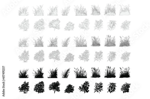 set of grass line cad and silhouettes isolated on white background. Ground cover. Illustration for  elevation architectural element, side view, grass section. Turf coating banners for edging.