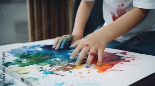 Close up of child painting by his hands with watercolor