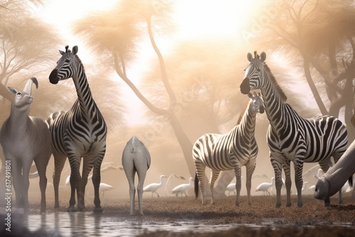 A detailed illustration of a group of animals  such as zebras or giraffes  in a stunning and majestic savannah environment  Generative AI