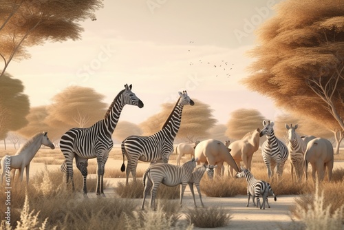 A detailed illustration of a group of animals, such as zebras or giraffes, in a stunning and majestic savannah environment, Generative AI