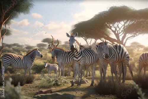 A detailed illustration of a group of animals  such as zebras or giraffes  in a stunning and majestic savannah environment  Generative AI