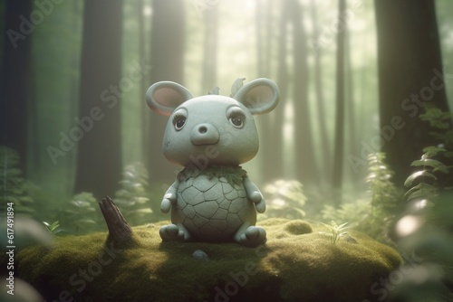 A whimsical illustration of a creature or character from a fantasy world in a peaceful and serene forest setting, Generative AI