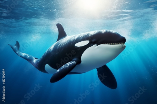 Killer whale in the deep blue ocean. 3d rendering. © masud