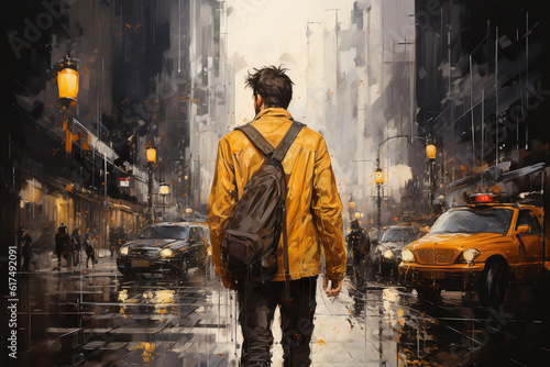 A man in a yellow jacket with a backpack on his back stands in the middle of a busy street in a major metropolis. generative AI tools