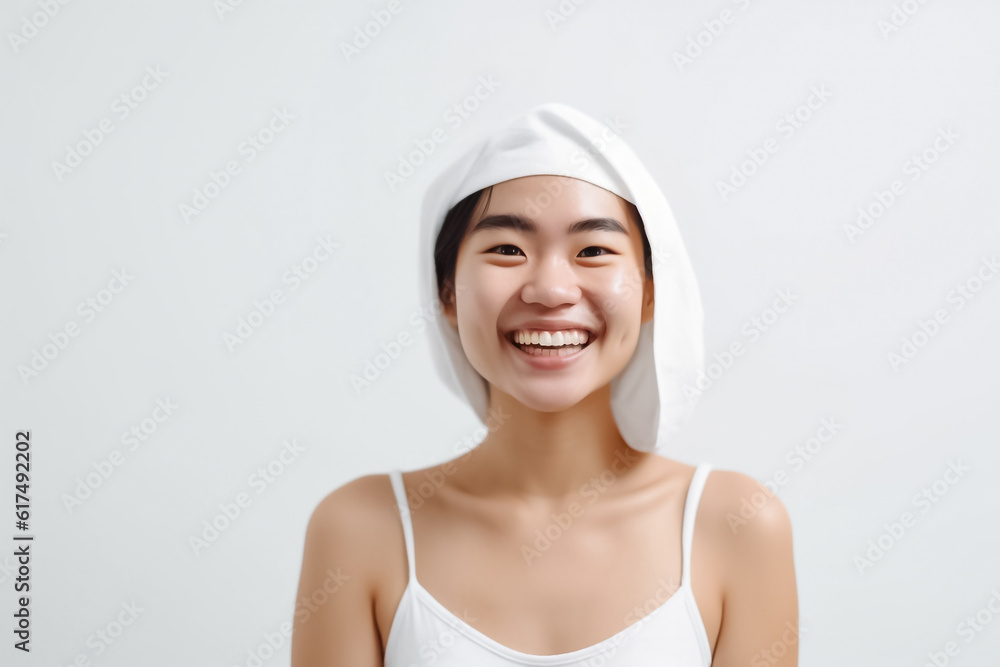 Beige-hatted Asian beauty steals the spotlight with her smooth skin and mesmerizing gaze against a pristine white background. Generative AI. Beige-hatted Asian beauty steals the spotlight with her smooth skin and mesmerizing gaze against a pristine white background. Generative AI.