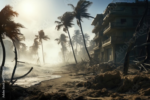 Destroyed buildings by the coast because hurricane devastation