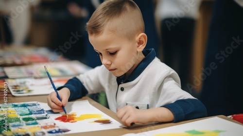 Boy in uniform painting by water colors on the white paper