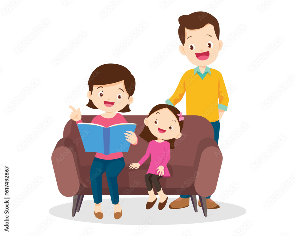family and girl reading book
