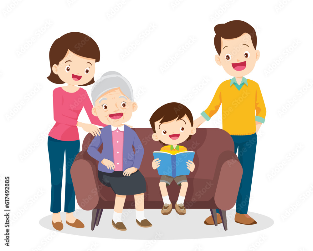 family and grandparents listening to children reading book