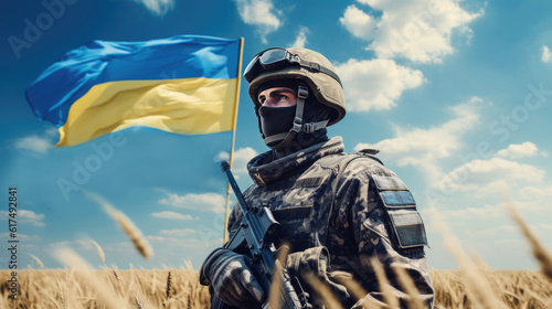 A soldier in military uniform and a Ukrainian flag on a wheat field. Generative AI.