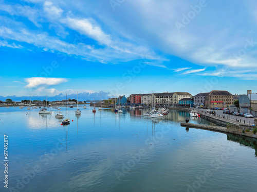 Seaport of a small town. Houses near the shore. Yachts near the shore