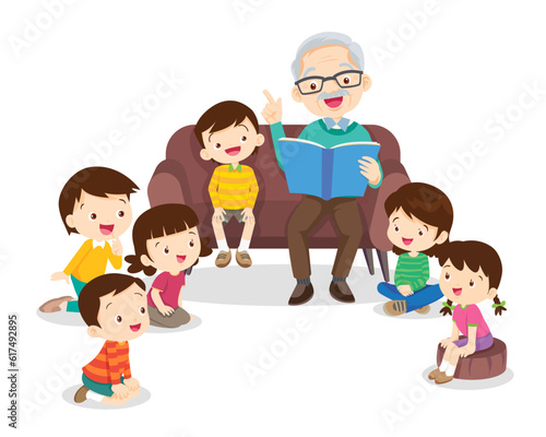 children listen dad mom grandparents reading book on sofa