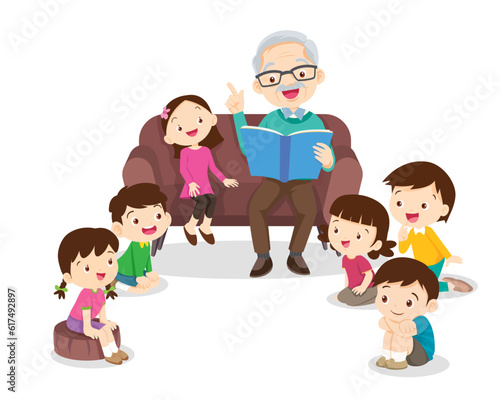 children listen dad mom grandparents reading book on sofa