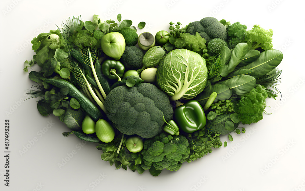 Heart made of fresh vegetables on white background. Healthy food concept. Generative AI Heart made of fresh vegetables on white background. Healthy food concept. Generative AI