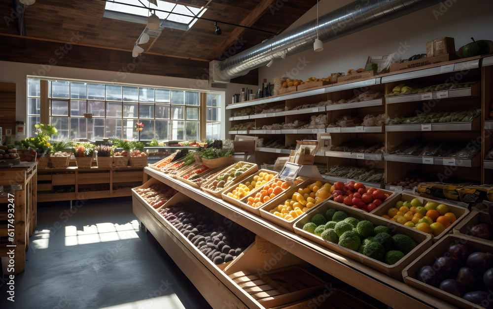 Fruits and vegetables on shelves in grocery store, healthy food concept, Generative AI