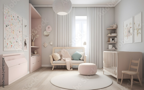 Children's room in pink and white colors, Generative AI