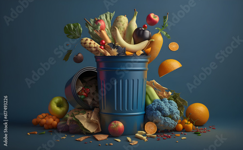Garbage bin full of fresh fruits and vegetables, Generative AI