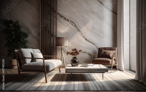 Interior of modern living room with marble wall, Generative AI