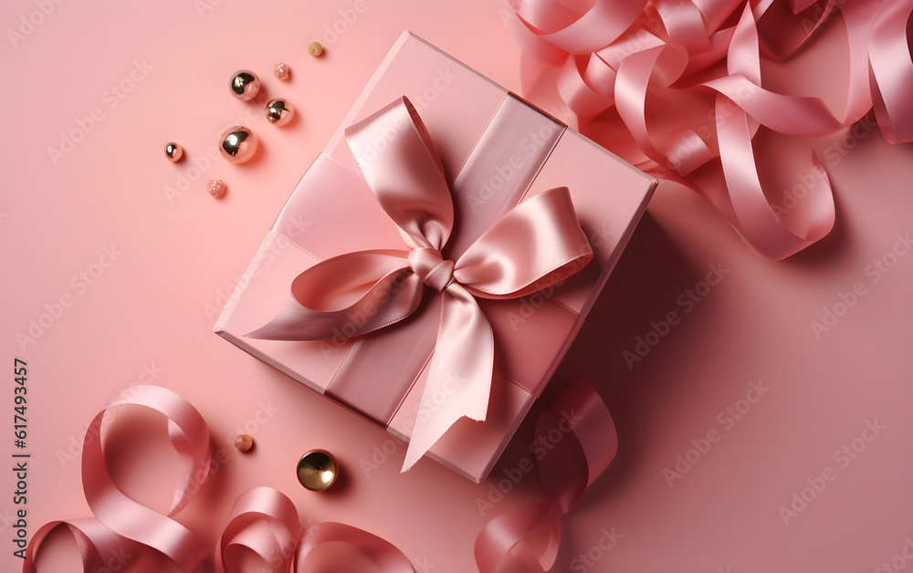 Pink gift box with pink ribbon and pearls on a pink background, Generative AI Pink gift box with pink ribbon and pearls on a pink background, Generative AI