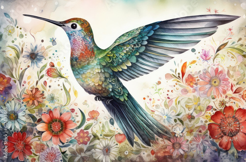 Watercolor painting of flying hummingbird among flowers