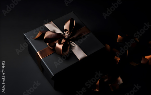 Black gift box with brown bow on black background, Generative AI