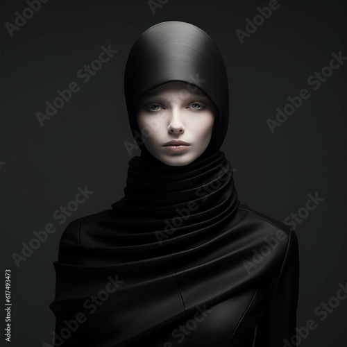 Black minimalistic modern high fashion photoshoot. Solid dark background. Generative AI.