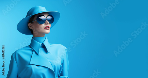 Blue Minimalistic Modern High Fashion Photoshoot. Blue solid background. Generative AI.