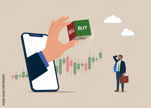 Through the smartphone rolling dice with buy or sell, crypto currency, investment in volatile stock market. Vector illustration.