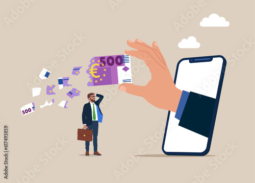 Lose money euro investment in financial crisis, profit and loss in business or deflation and inflation. Vector illustration