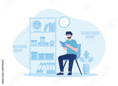 A man read a books all the time at home trending flat illustration © Kinn Studio