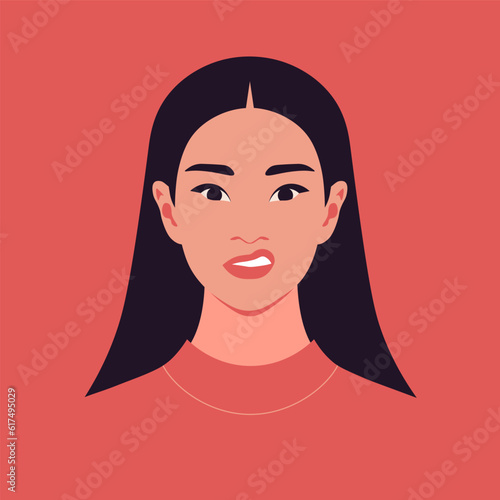 Disgust and discontent. A woman's face in a grimace. Negative emotions. Vector flat illustration