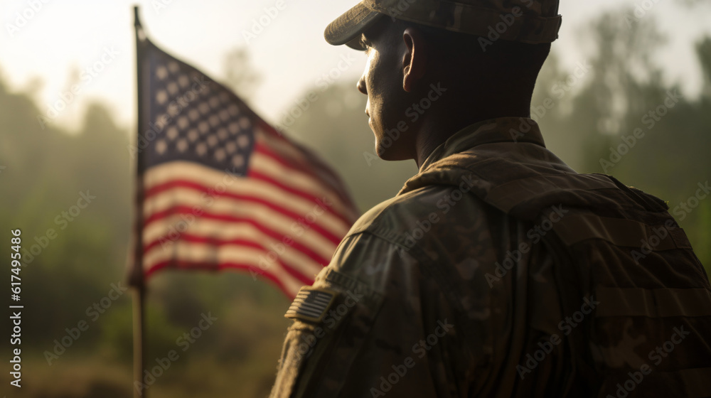 An American soldier with an American flag in his hand looks out into the clear weather for Day of Remembrance or July 4, Day of Remembrance - obrazy, fototapety, plakaty 