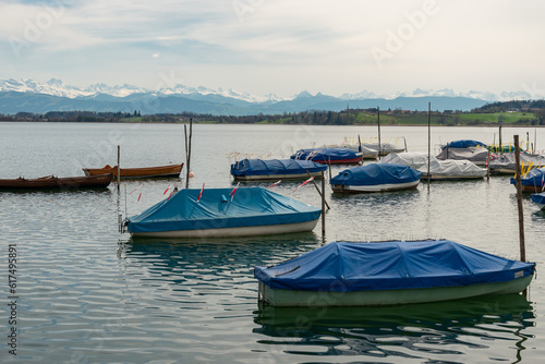 Small boats on the lake Pfaeffikersee in Zurich in Switzerland