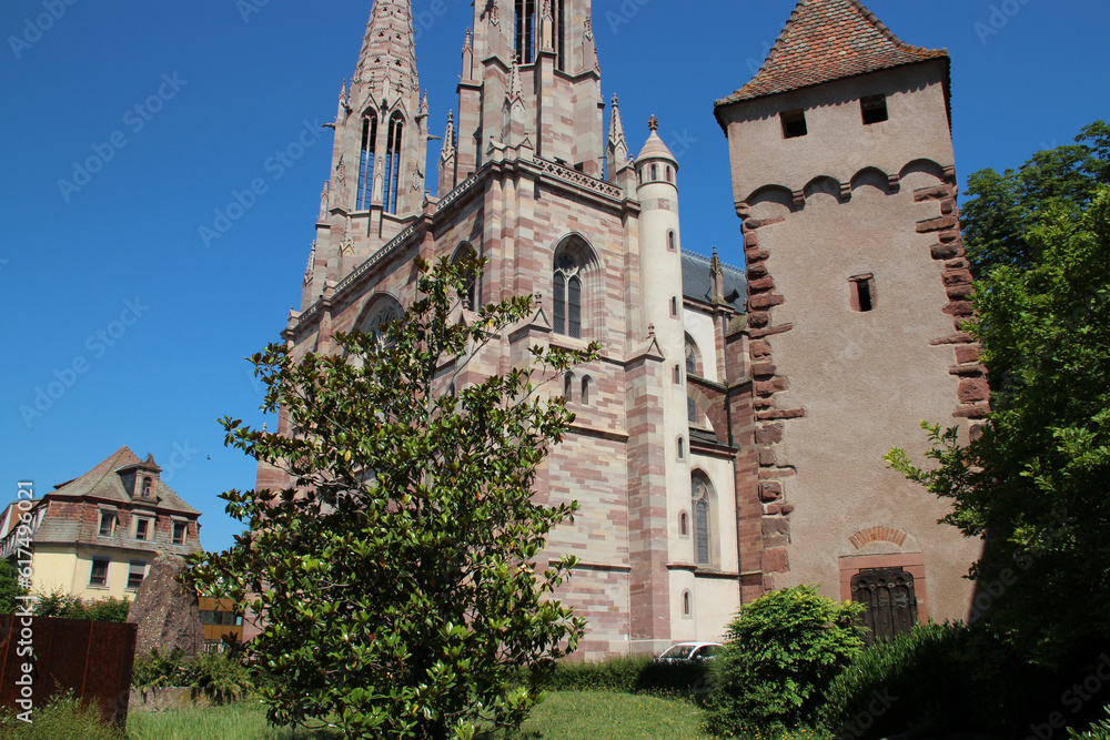 saint-pierre-et-saint-paul church and tower in obernai in alsace (france)