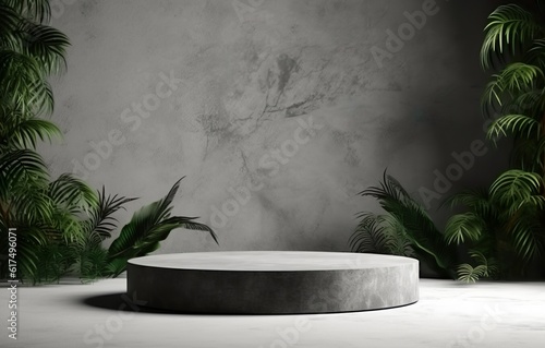 Empty concrete texture podium with tropical plants background. Gringe gray wall. 3d stage showcase, beauty skincare technology products display.