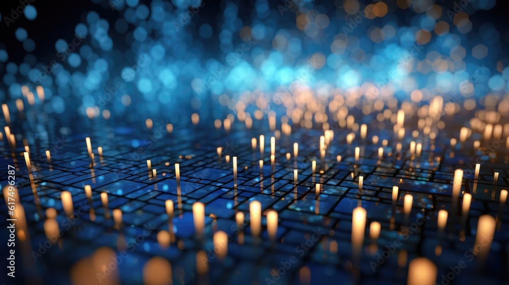 Fototapeta premium Abstract technology background with a cyber network grid and connected particles. Artificial neurons, global data connections - Generative AI