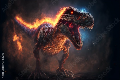 fullbody tRex with dragon wings body burning eyes glowing stronger teeth evil looking dramatic background realistic 