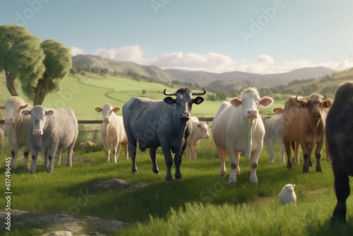 A detailed illustration of a group of farm animals, such as cows or sheep, in a picturesque and peaceful rural environment, Generative AI