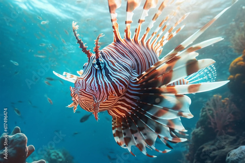 Lionfish swimming in the deep blue waters of the Red Sea.
