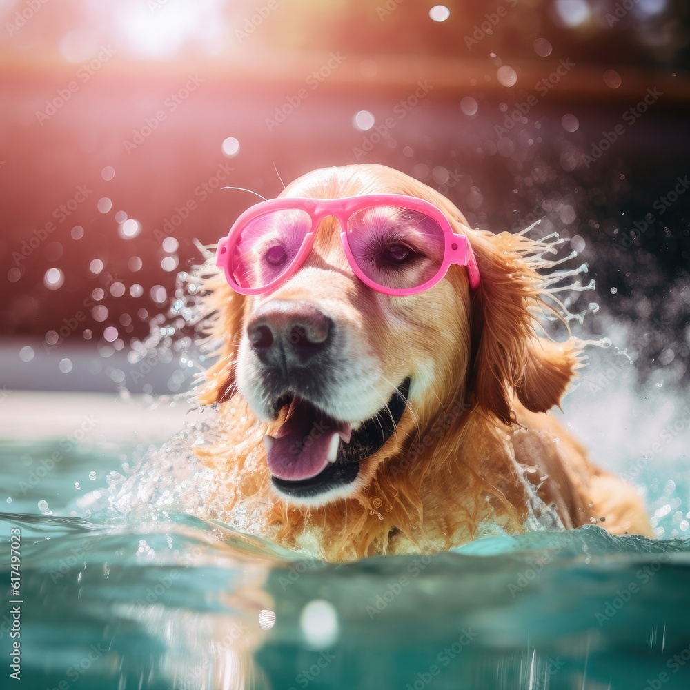 Happy golden retriever dog in pink sunglasses having a great time swimming in the pool, generated by AI