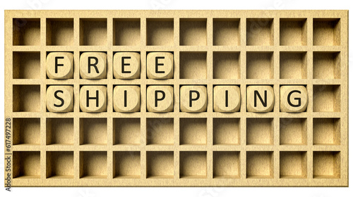 3d rendering of a wooden grid with cubes and the message free shipping